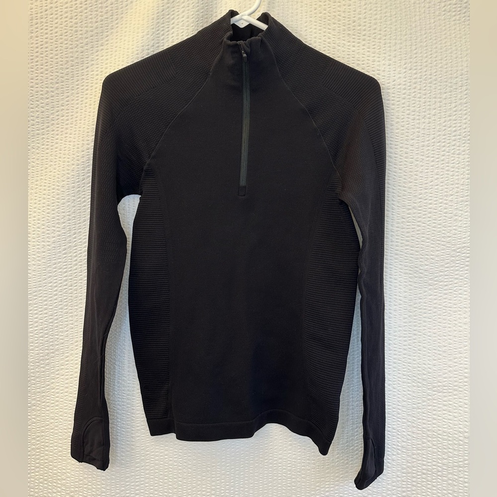 Athleta Flurry Black Mock Neck Half Zip Long Sleeve Top Size Small Merino Wool